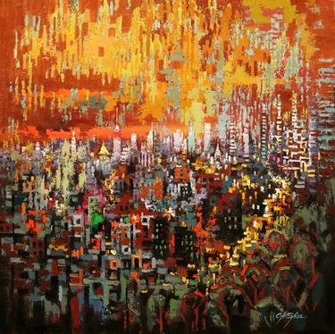 Original Abstract Cities Paintings by Chin h Shin