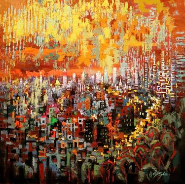 Original Abstract Cities Paintings by Chin h Shin