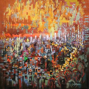 Original Abstract Cities Paintings by Chin h Shin