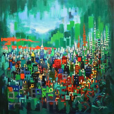 Original Abstract Expressionism Cities Paintings by Chin h Shin