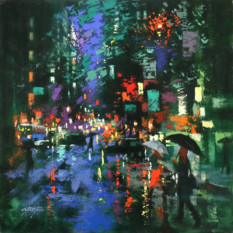 A Rainy Day in Lexington Avenue Painting by Chin H Shin | Saatchi Art
