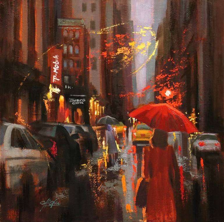Evening Rain in Madison Avenue Painting by Chin H Shin | Saatchi Art