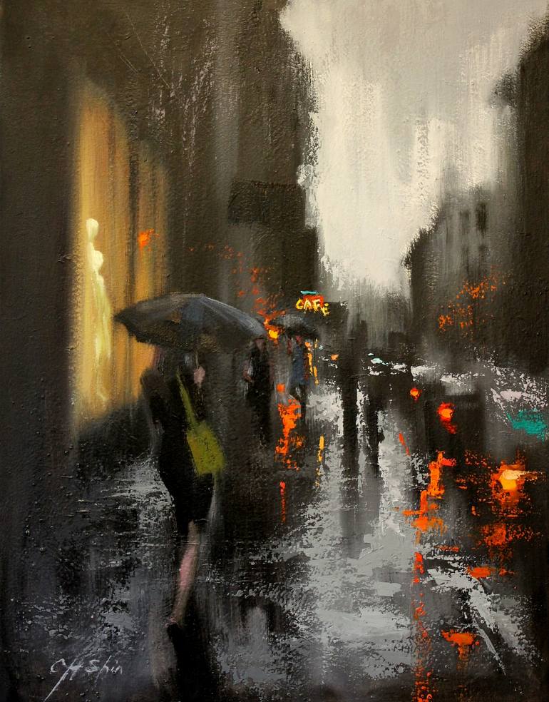 Village Cafe and Rain Painting by Chin h Shin | Saatchi Art