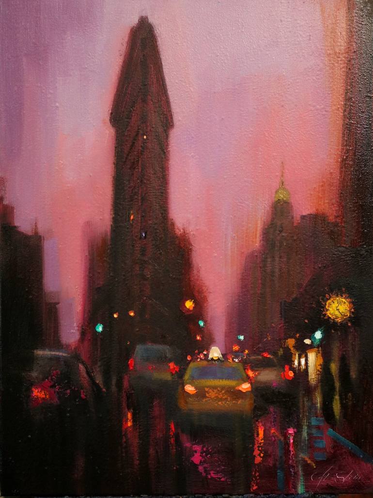 Flatiron Building, the yellow Clock and the Twilight Painting by Chin h ...