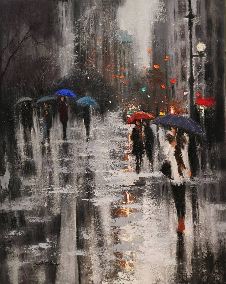 A Rainy Day in Washington Square Painting by Chin h Shin | Saatchi Art