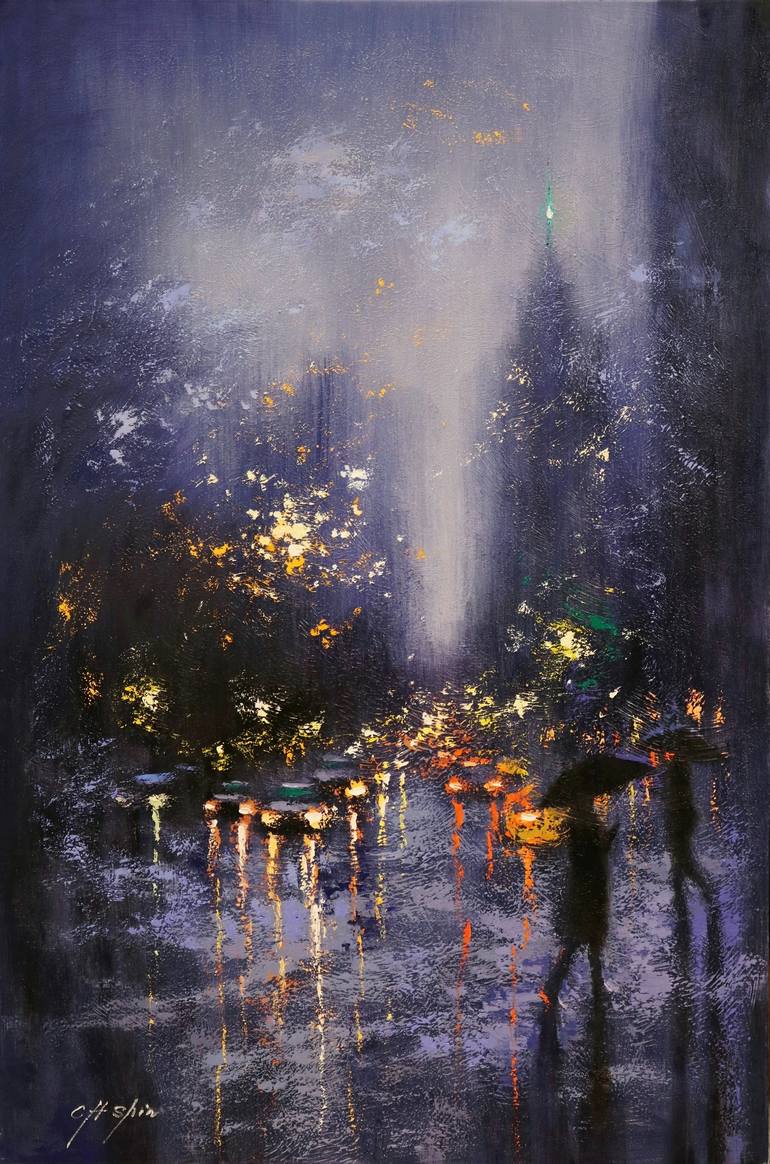 Blue Rain in Central Park West Painting by Chin h Shin | Saatchi Art