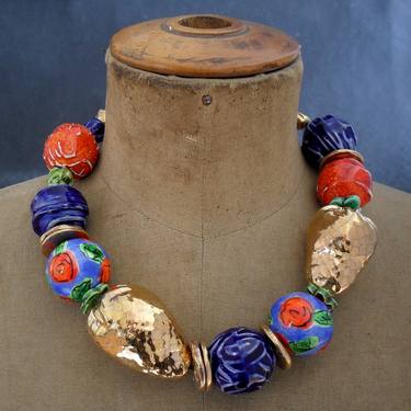 Blue Necklace With Golden Strawberries thumb