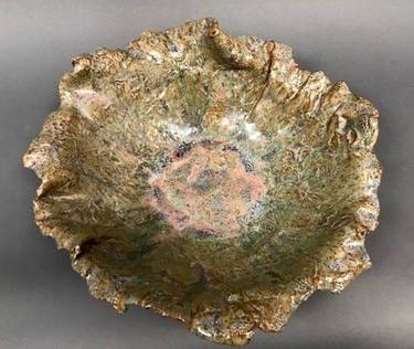 This bowl is very sculptural, with much texture.  Is food safe, the colors are rich, muted, with a hint of purple thumb