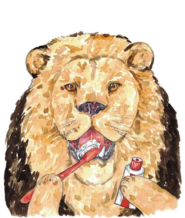 Lion brushing teeth bath watercolor painting thumb