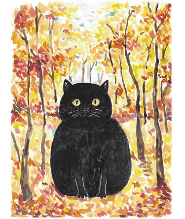 Fall forest cat black Painting Wall Poster Watercolor thumb