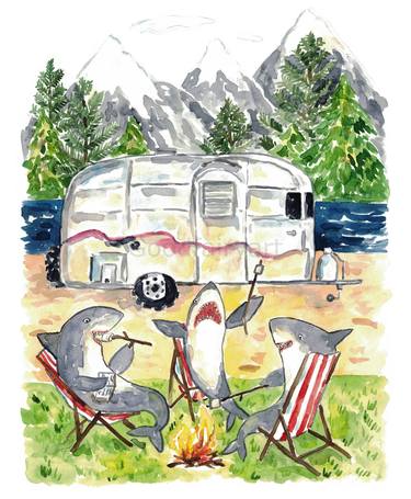 Shark camping watercolor painting print thumb