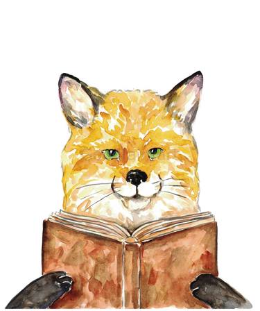Fox reading book watercolor painting print thumb