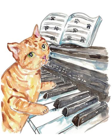 Cat piano watercolor painting print art thumb