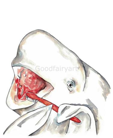 Beluga hale brushing teeth bath watercolor painting thumb