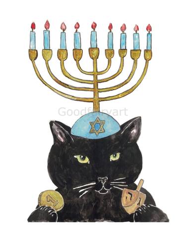 Black cat Hanukkah Painting thumb