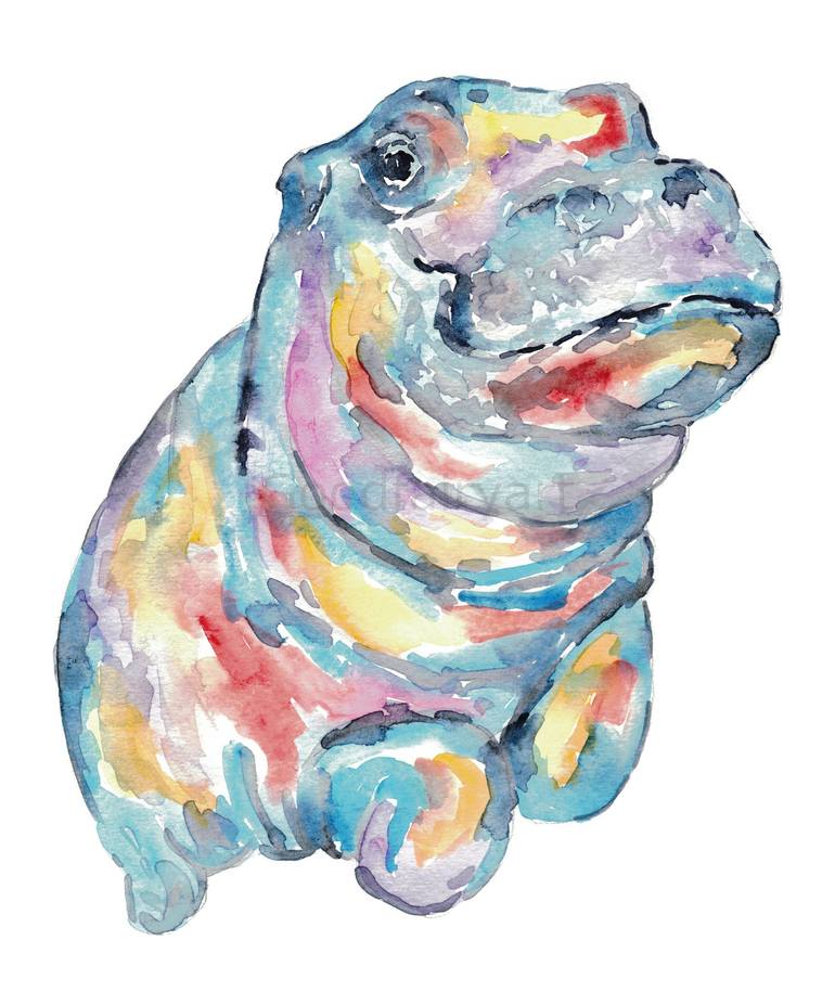 Original Abstract Painting by Maryna Salagub  Illustration Art on Paper  Hippo watercolor painting