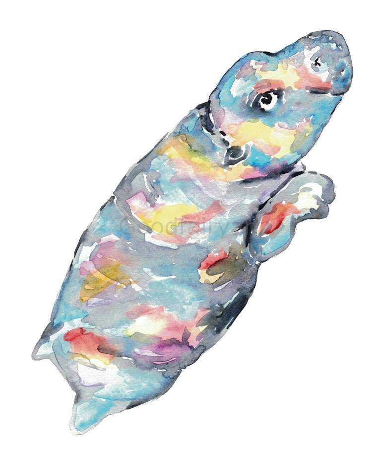 Original Abstract Painting by Maryna Salagub  Illustration Art on Paper  Hippo watercolor painting