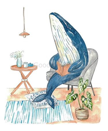 Humpback whale reading book watercolor thumb