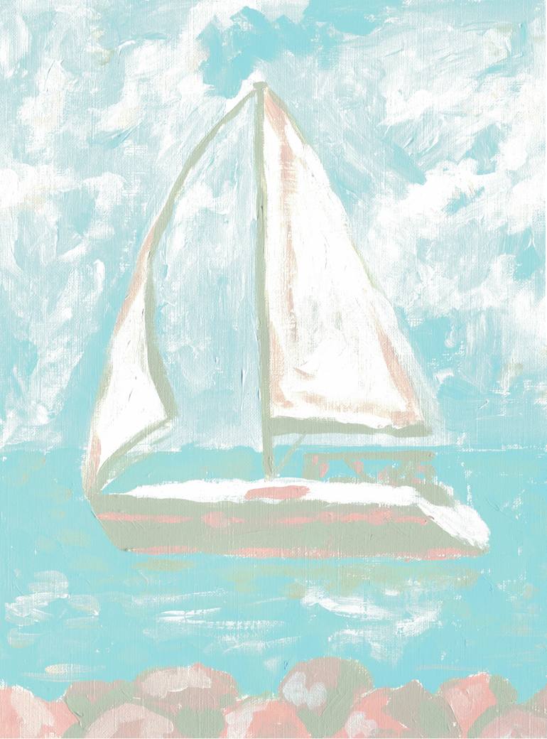 Original Abstract Painting by Maryna Salagub | Abstract Art on Paper | On the lake sail boat