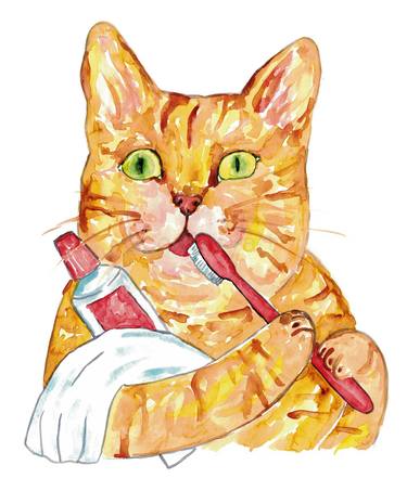 Orange Cat brushing teeth Painting thumb