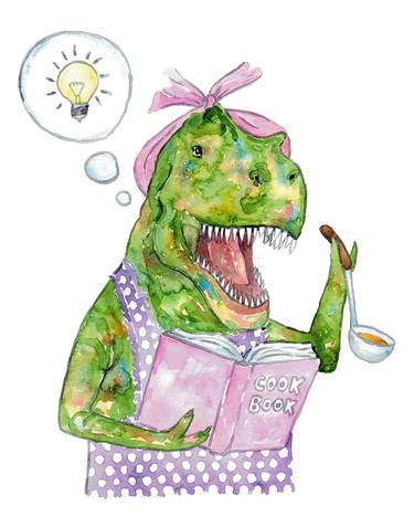 T-rex cooking dinosaur painting watercolour thumb