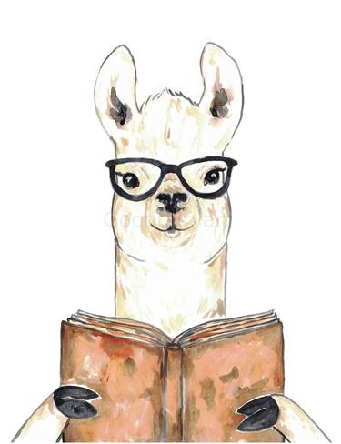 Llama reading book watercolor painting thumb