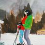 Making Shadows depicts four interacting figures in a mountain scene, with strong light. The intentionally oversaturated colours of the clothing resonate with the muted background. The thick slushy snow is carved through by skis and shadows

**This Painting is Artist Quality Oil Paint and Beeswax on acrylic primed linen over a pinewood stretcher.