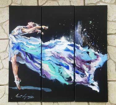 Turquoise Ballerina. Triptych Oil Painting On Canvas. thumb