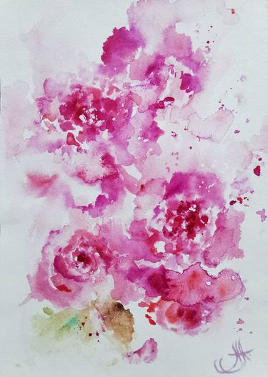 Blooming Petals. Pink Peony Watercolor Painting. thumb