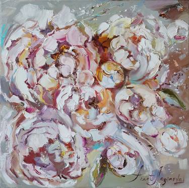 Creamy Peonies. Large Floral Print Painting On Canvas. thumb