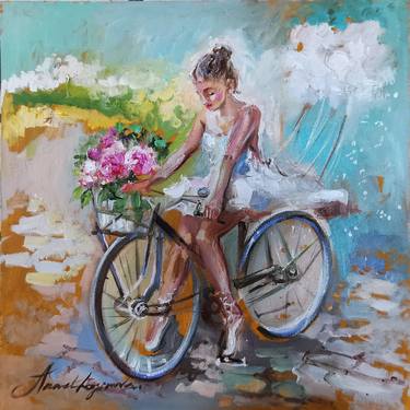 Ballerina On A Bicycle. Original Oil Painting. thumb