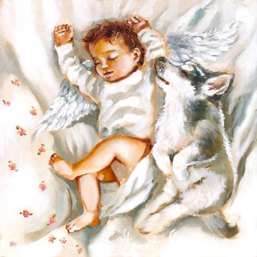 Angel & Furry Friend. Giclée Print Painting. thumb