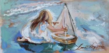 My Boat. Original Miniature Oil Painting. Sea Art. thumb