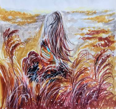Girl In A Wheat Field. Original Watercolor Painting. thumb