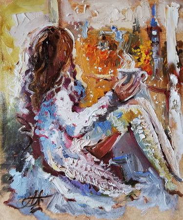 Feminine Contemplation. Original Miniature Oil Painting. thumb