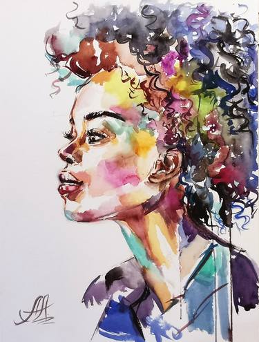 Colorful portrait girl , Original watercolor thumb