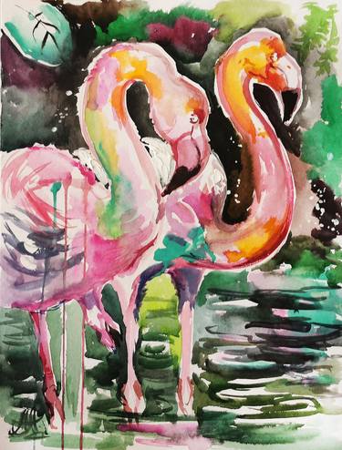 Flamingos original painting thumb