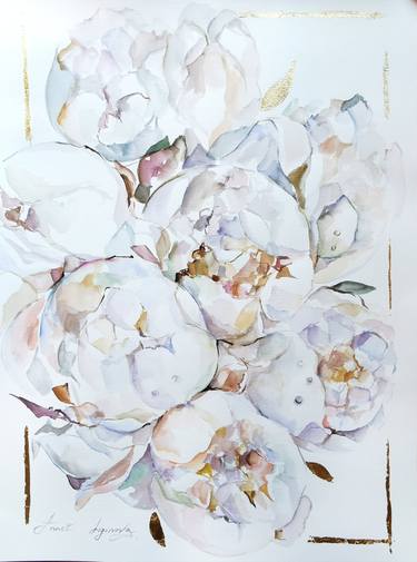 White peonies. Watercolor flower print on canvas with gilding. thumb
