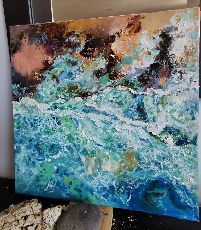 Sea foam on the shore. Marine print on canvas. Painting by Annet