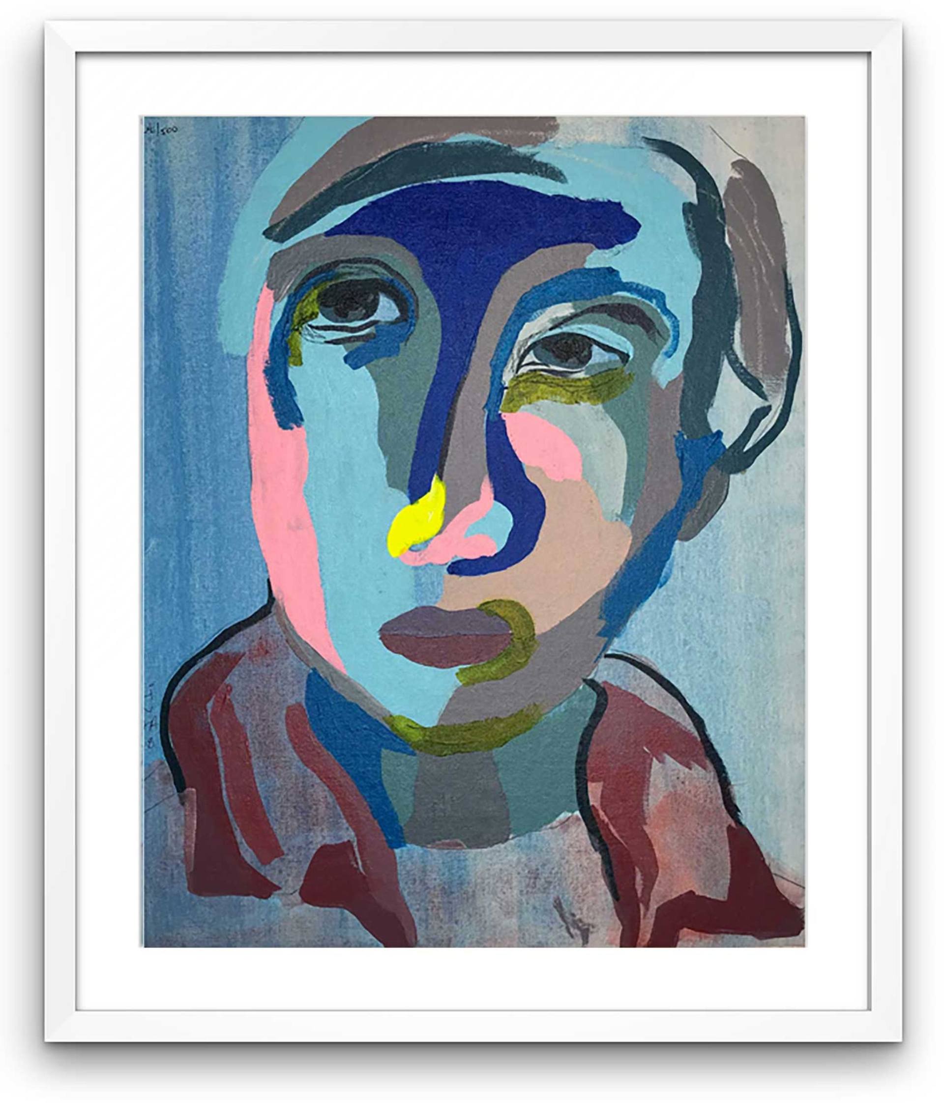Contemporary Abstract Portrait Painting "Dreamy Blue Boy, No. 12" - Framed  Painting