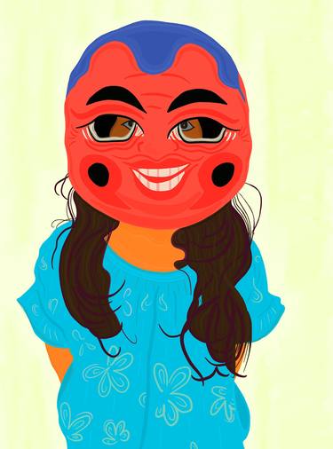 Girl In Blue Wearing Red Vietnamese Mask thumb
