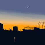 Silhouetted Rooftops With Owl and Moon After Sunset by Evan Sklar