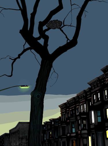 Tree with Squirrel Nest at Dusk on Brooklyn Street. thumb