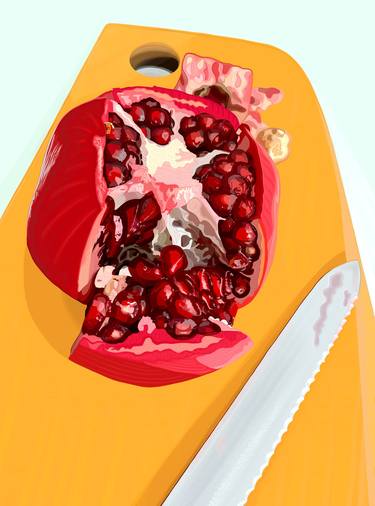 Pomegranate and Knife on Yellow Cutting Board thumb