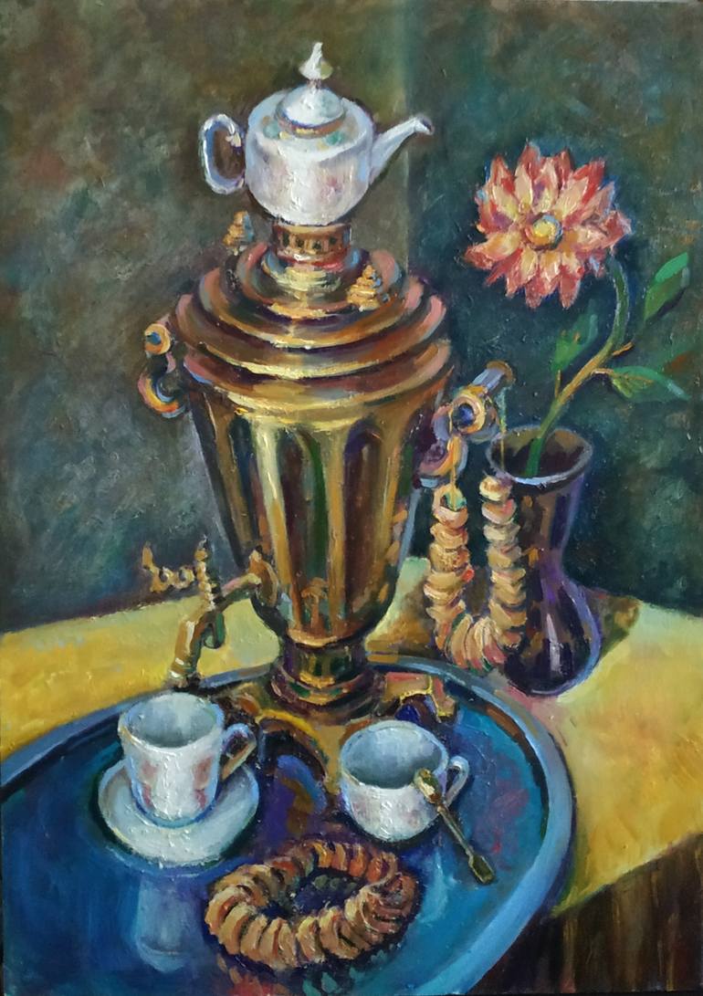 Tea drinking Russian samovar Painting by Nina Silaeva | Saatchi Art