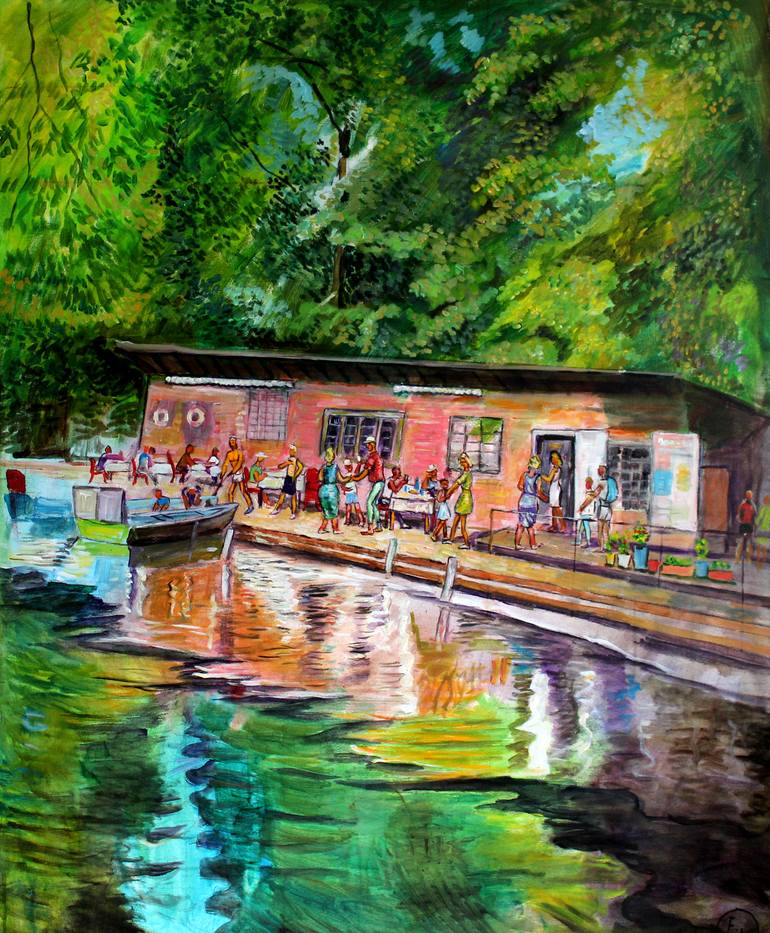 Original Landscape Painting by Juri Frantsuzov | Impressionism Art on Canvas | Cafe on the lake