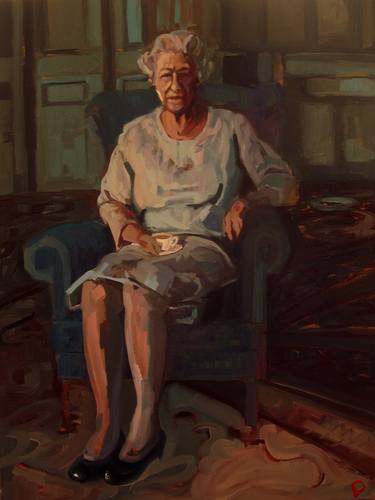 'HMQ Avoir une cuppa' by M. Harrison-Priestman - oil on linen, 80 x 60 cm, 2014-17. thumb