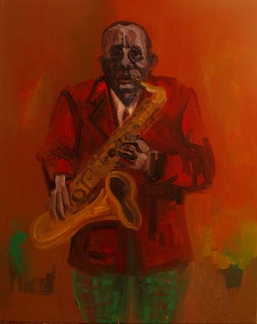 'Série Jazz- Le Saxophoniste no: 3' by M. Harrison-Priestman - 50 x 40 cm, oil on linen, 2017. thumb