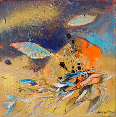 Symphony Gold - Small box original painting, abstract landscape, acrylic & spray paint, orange, blue, gold painting 30x30 cm (11.8x11.8') thumb