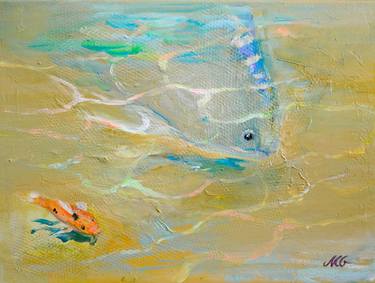 Me & You - small original acrylic painting, ocher, orange, blue and turquoise painting, fish artwork thumb